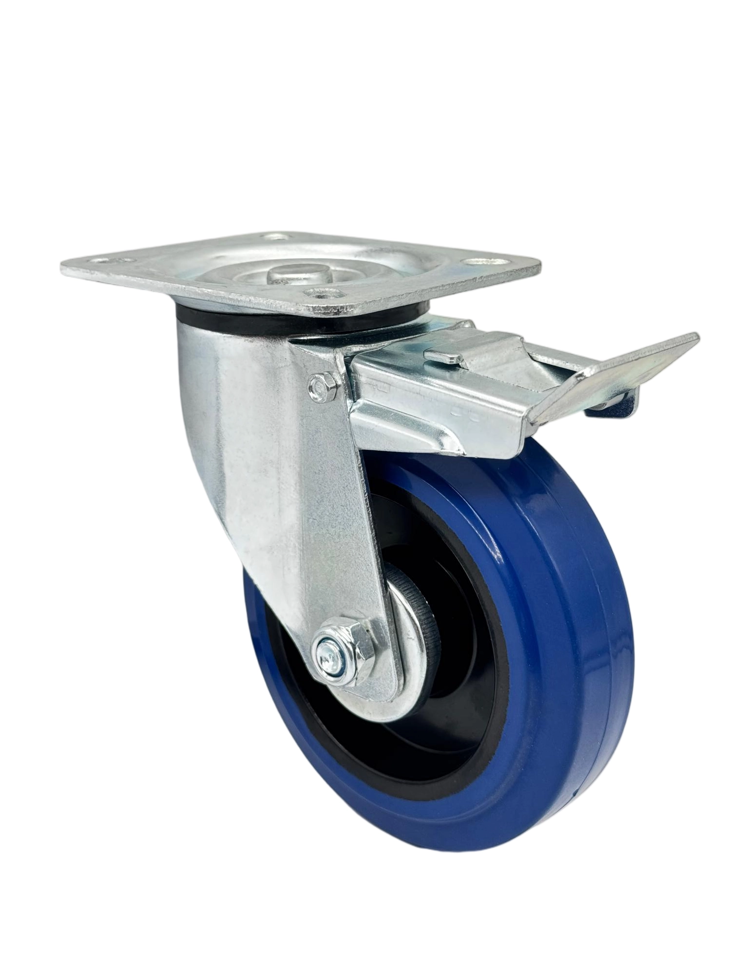 SRCLb 55 - Промышленное усиленное колесо синяя резина 125 мм (площ.,повор. с тормозом, роликоподш.)